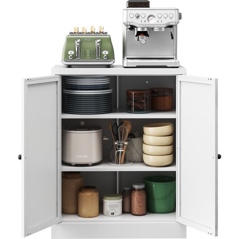 Buffet de rangement en métal blanc, 88 cm, étagères réglables, portes à aimants et crochets extérieurs, meuble autoportant sécurisé  CHICFURN (1/5)