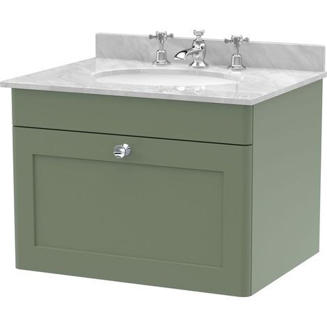 Swynnerton Traditional 1 Drawer Wall Hung Vanity Unit with Marble Basin, Satin Green, 600mm