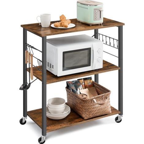 Étagère de Cuisine à roulettes, Chariot à 3 Niveaux, Support pour Micro-Ondes, Four, Grille-Pain, Cadre Métallique avec 6 Crochets, 40 x 80 x 89 cm, Marron Rustique et Noir d'encre (1/5)