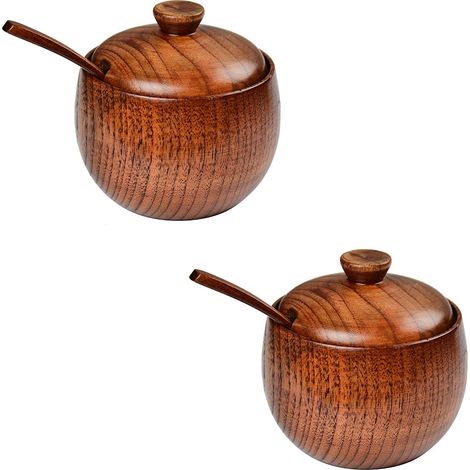 Boîte à épices - Boîte en bois de jujubier naturel - Résistant à l'humidité et à la poussière - Pour sel, sucre, épices, vinaigre, sauce soja - Lot de 2 avec couvercles et cuillères (1/5)