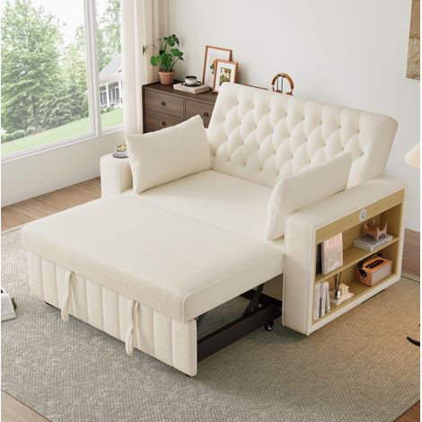 Divano letto 2 posti in ciniglia, schienale regolabile 3 posizioni, beige DESVIAE (1/5)