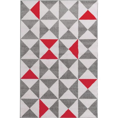 Tapis Chambre 60x110 rouge et gris rectangle tissé motif scandinave TRIANGAM