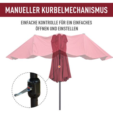 Parasol double 455x265 cm, store anti-UV à manivelle, voile d'ombrage de balcon résistant au vent, protection solaire pour terrasse et jardin, bordeaux