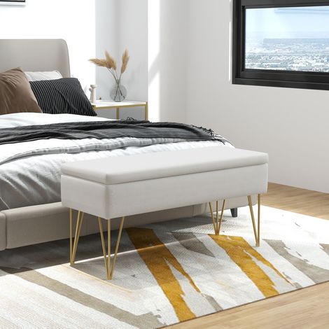 DESMIU Banc coffre de rangement, banc de lit, assise capitonnée, pieds en acier, en polyester, Blanc crème (1/5)