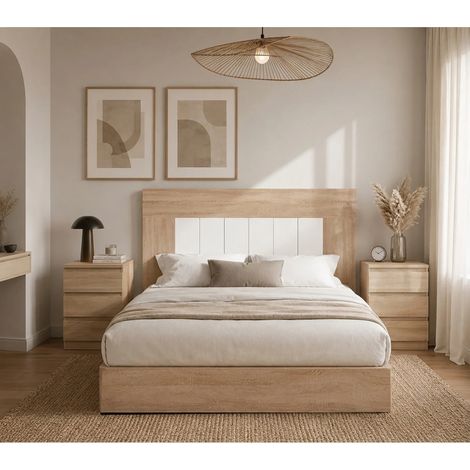 Conjunto matrimonio cabecero + 2 mesitas modelo Bazán acabado roble. (1/2)