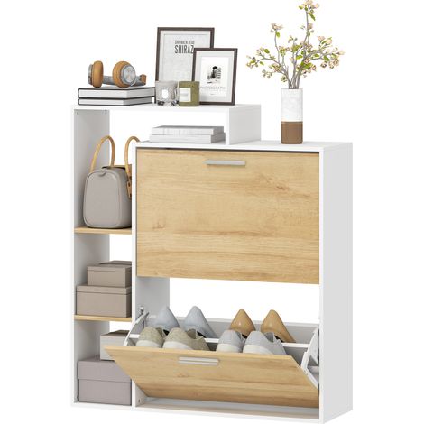 Schuhschrank mit 2 Klappschubladen und Regalböden, weiß und naturfarbenes Holz. (1/5)