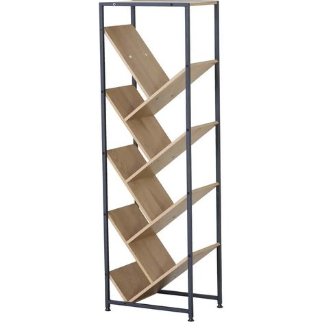Moderne zigzag-Bücherregal aus Holz und Metall, 40x27x125 cm, in Eiche mit dunkler Metallstruktur