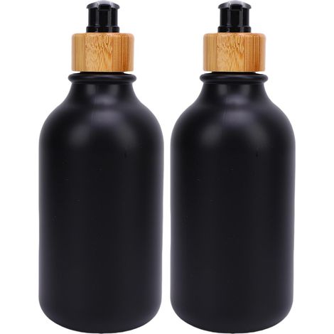 2-teiliges Seifenspender-Set – 2 x 500 ml nachfüllbare PET-Flaschen mit Holzpumpe für Spülmittel, Shampoo und Lotion, Schwarz (1/5)