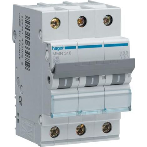 Disjoncteur magnétique 3P 25kA 10A 3 modules HAGER MMN310