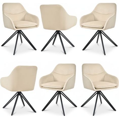 Bon Furni Velluto Sedia da pranzo Bianco Avorio, Set da 6, girevole 360°, imbottitura spessa, ergonomica con braccioli (1/5)