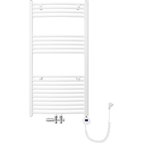 SONNI Badheizkörper Elektrisch mit Thermostat, Handtuchheizkörper Elektrisch Panel Handtuchhalter Mittelanschluss Warmwasser Handtuchtrockner Mit Ventil , Weiß gebogen,1150 x 600mm Leistung 400W (1/5)