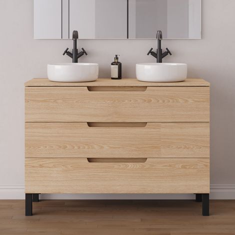 Meuble de salle de bain 120cm avec plateau et 2 vasques à poser rondes - 3 tiroirs - sans miroir - roble era (chêne clair) - RIZA (1/5)
