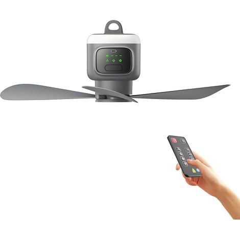 Ventilateur de Plafond Portable 45cm Rechargeable 12000mAh, 4 Vitesses Silencieux avec Télécommande, Lumière LED et Minuterie pour Camping