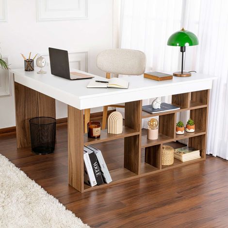 Bureau d'angle avec étagères 130x120x71,8 cm décor blanc et noyer