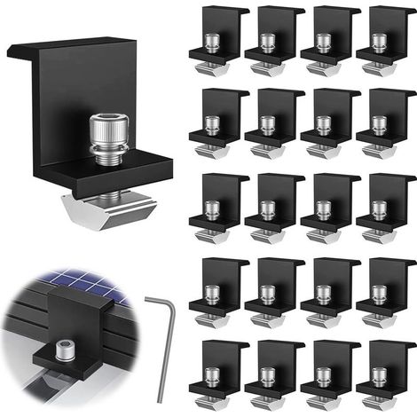 20 Pièces Supports de Panneau Solaire, 30 mm Fixation Panneau Solaire, Kit Panneau Solaire, pour Rail de Montage Photovoltaïque, avec Clé Hexagonale, pour Toiture, Mural (1/5)