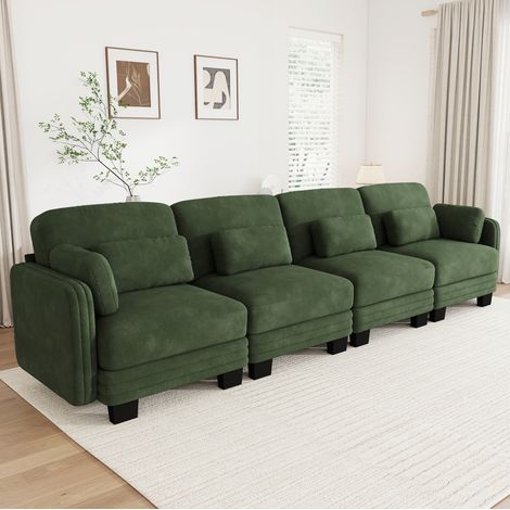 MODFU – Sofá recto modular de 4 plazas 330x88x88 cm de chenilla con cojines lumbares, reposabrazos, espuma 28D y carga 600 kg – Verde (1/5)