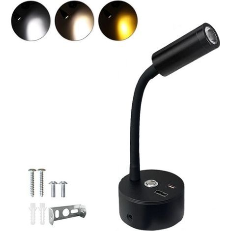 Set of 2 LED reading lights, 12V, dimmable with a simple touch, 3000K to 6000K, with USB A and C ports for interior lighting in boats and caravans, black (1/4)