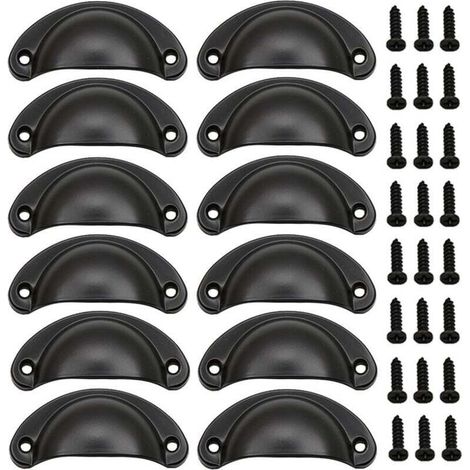 (Noir) Lot de 12 poignées coquillage vintage, poignées de porte en fer vintage avec vis pour meubles, commodes et armoires de cuisine (1/4)
