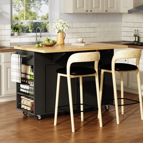 Îlot de cuisine mobile avec plan de travail rabattable, desserte, meuble de rangement, meuble poubelle, buffet avec organiseur coulissant, tiroir, prises et roulettes, 120 × 45 (70) × 84 cm (1/4)