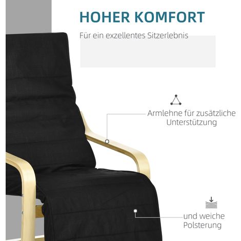 Fauteuil relax inclinable, chaise longue avec repose-pieds ajustable, coussin, bois noir, dimensions 66,5 x 94 x 100 cm (1/4)