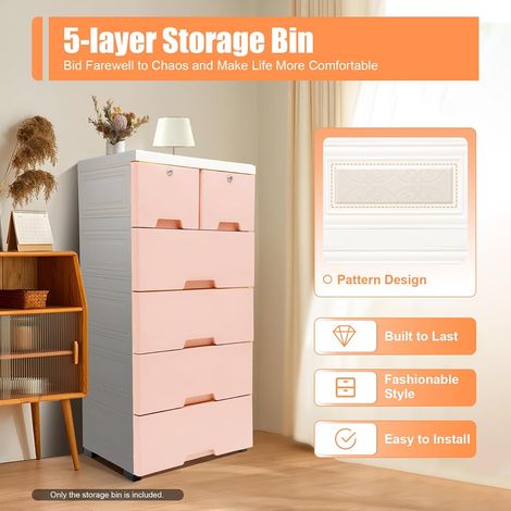 Commode en plastique à 6 tiroirs, organiseur avec serrure, armoire autoportante, en plastique, avec clés, pour chambre à coucher, salon, rose (1/5)