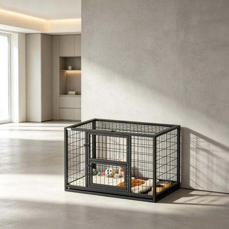 Jaula robusta de acero para perros, apta para uso interior, con techo abatible y puerta de alimentación integrada. (1/5)
