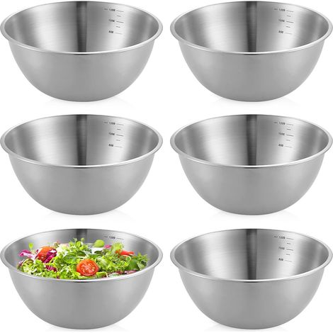 Lot De 6 Cul De Poule Inox, 1200 Ml Bols En Acier Inoxydable, Ø 19,5 Cm Saladiers En Acier Inoxydable, Bols Ronds En Avec Marques De Mesure, Saladier Inox Pour Salade, Collations (1/5)
