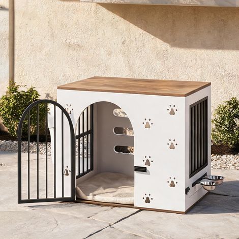 Cage pour chien avec gamelles intégrées en bois MDF et métal (1/5)