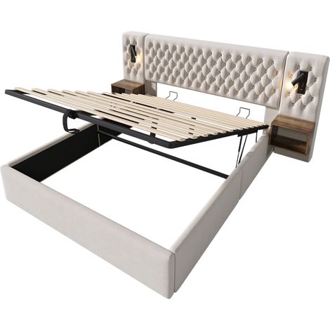 Set letto contenitore 180 x 200 cm in velluto beige con 2 comodini HOMVRA (1/5)