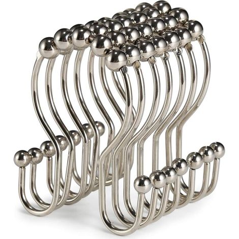 Lot de 12 Crochets de Rideau de Douche en Acier Inoxydable antirouille avec Double Crochet Coulissant Anti-Chute pour Rideau de Douche de Salle de Bain (Nickel) (1/5)