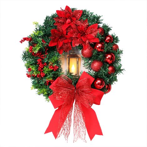 Corona navideña con farol de cuerda, pajarita y flor roja, decoración para la puerta principal, ideal para fiestas o para decorar ventanas. (1/4)