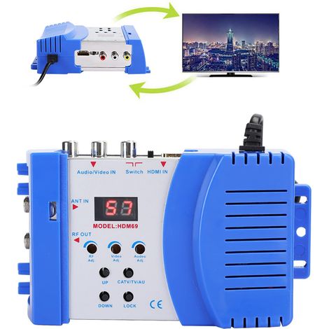 Modulateur RF HDMI, Convertisseur AV Numérique vers RF HDM69 Modulateur Portable Standard VHF UHF PAL pour Niveau de Sortie Réglable UE 100‑240 V (1/5)