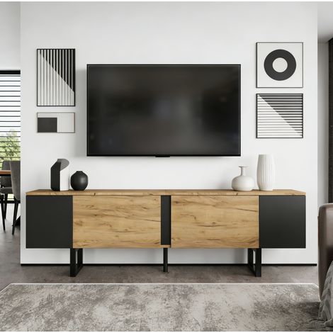 Mueble para TV de madera aglomerada natural y negro 180x40x55 cm, 2 puertas, estantes abiertos, para TV hasta 75 pulgadas (1/5)