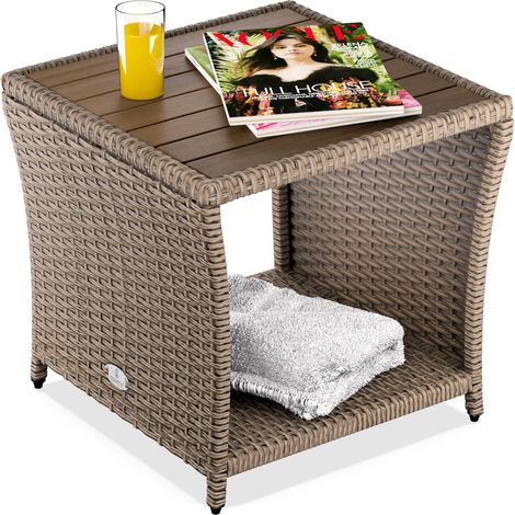 CASARIA® Weatherproof Polyrattan Garden Side Table with Acacia Wood Tabletop  Powder Coated Steel Frame 45x45x40cm 80kg Load Capacity  Indoor Outdoor Balcony Patio Furniture  Cream (1/5)