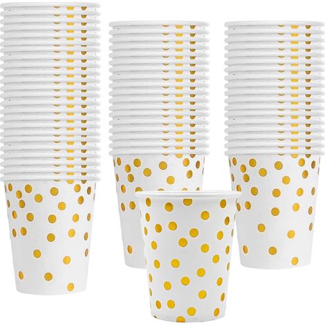 Packung mit 100 Pappbechern. Inhalt: 300 ml. Pappbecher mit Goldpunktmuster für Kaffee, Saft, Heiß- und Kaltgetränke, Bastelarbeiten, Partys (z. B. Geburtstage) usw.
