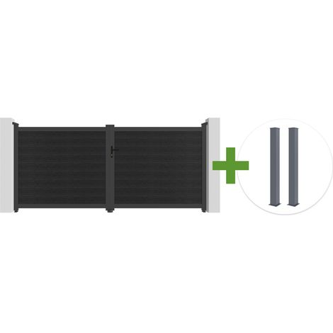 ATHOS 3,5 m H. 160 cm Anthrazitgraues Verbundholz-Schwingtor mit Aluminiumrahmen + 2 Aluminiumpfosten 20x20 cm (1/5)