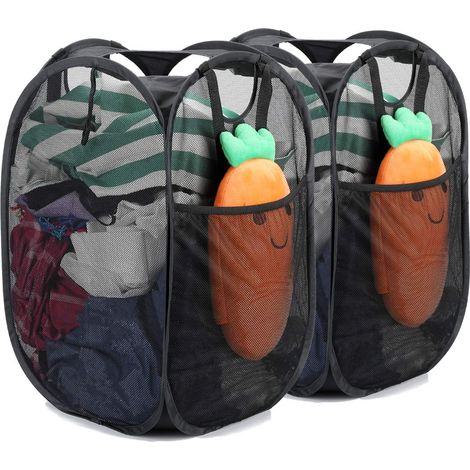 Lot de 2 paniers à linge pliables en maille robuste, paniers à linge pliables haut de gamme avec poignées durables (noir)