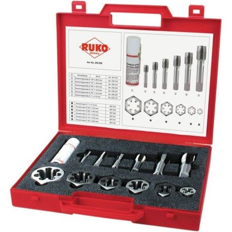 RUKO Juego de herramientas de roscado de reparación sanitaria HSS para roscas de tubo cilíndricas en estuche de plástico - 245059