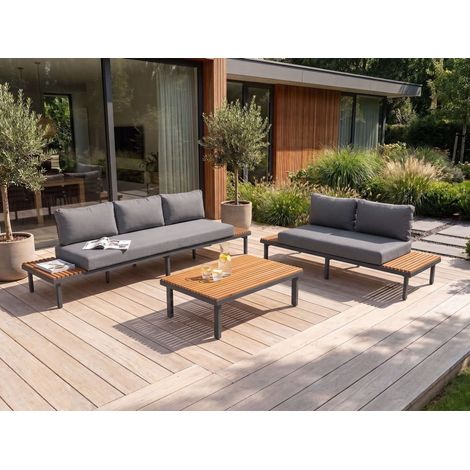 Conjunto moderno de sofás de jardín de 5 plazas para terraza exterior con mesa de centro de madera de acacia cojines gris oscuro Fivizzano (1/5)