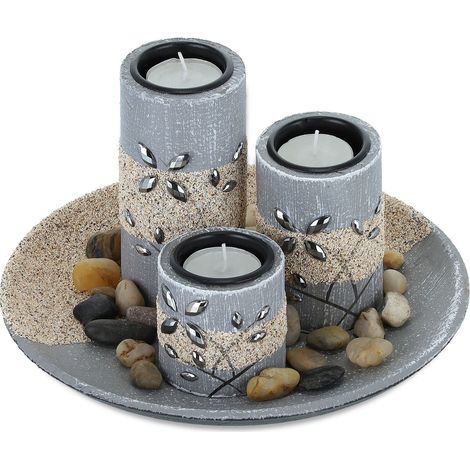 Relaxdays Tealight Holder Set, Round Decorative Tray, with Candles & Pebbles, Table Centrepiece, Dining Room, Grey/Sand
