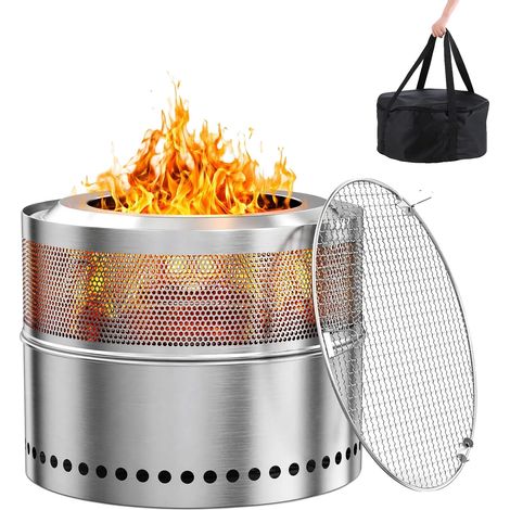 Feuerstelle, rauchfreies Design, tragbar mit Grillrost, Silber (1/2)