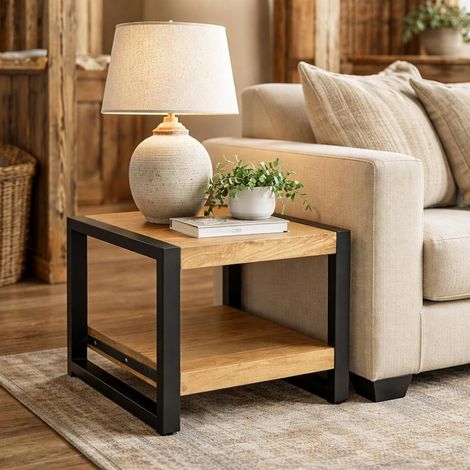 Table d'appoint carrée en bois clair et métal noir MILORA