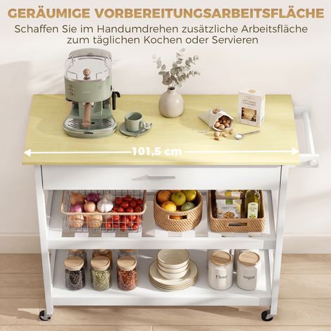 Meuble de cuisine roulant avec rangement, îlot de cuisine mobile avec grand plan de travail, tiroir, 2 étagères ouvertes, porte-serviettes, blanc (1/5)