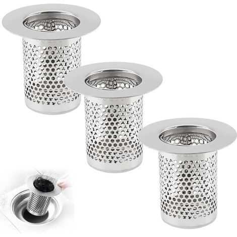 3er-Pack Edelstahl-Abflusssiebe (5,5 x 5 cm), fängt Haare in Dusch- und Waschmaschinenabflüssen auf (1/5)