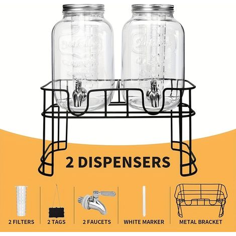 Ensemble Distributeur de Boisson Verre 1 Gallon – Support Inclus, Robinet Inox. Tube à Glace, Étanche. Idéal Cuisine, Camping, Fêtes et Noël (PAQUET DE 2). (1/5)