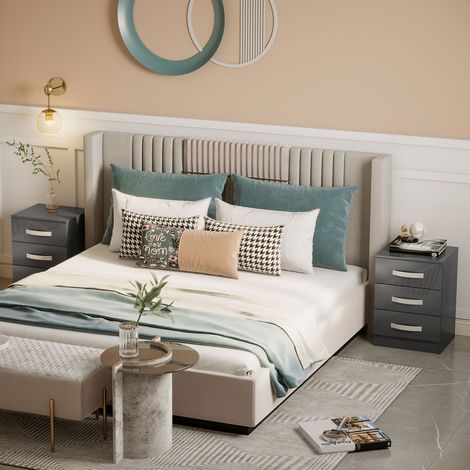 Mesita de noche moderna, juego de 2 piezas con 3 cajones para dormitorio y sala de estar, fabricada en aglomerado, 40x36x56cm, gris.