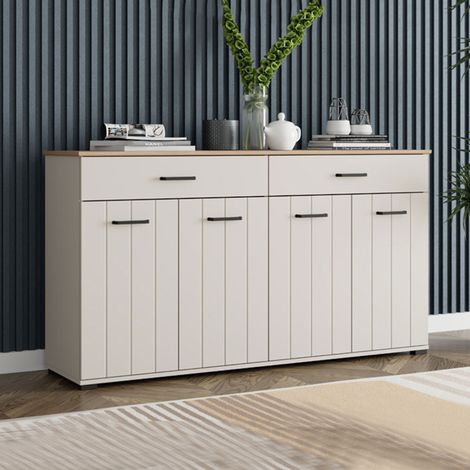 Alacena Quarna, Aparador 3 Estantes, 2 Cajones, 4 Puertas, 156x40x86h cm Blanco Crema (1/5)
