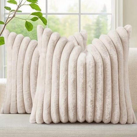 Juego de fundas de almohada de piel sintética de 20x20 cm (2 piezas), funda de almohada de terciopelo a rayas de color neutro con reverso de terciopelo – beige, compatible con cojines de tamaño estánd