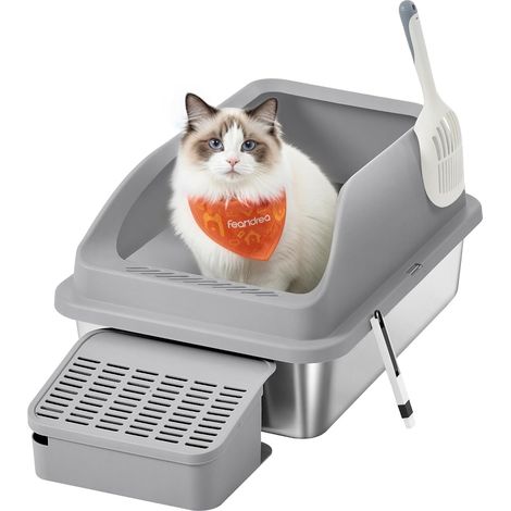 Maison de Toilette Chat avec Bac à Litière et Porte Battante, Pliable, Meuble Cache Litière pour Intérieur (Avec bac de dépôt de sable, pelle incluse) (1/4)