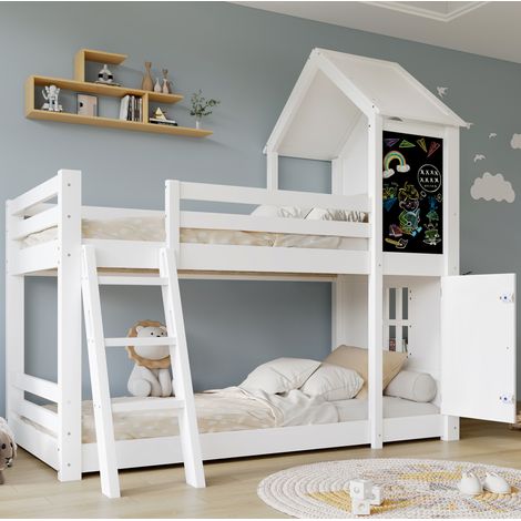 Letto a castello 90x200 cm bianco in legno e MDF con lavagna e scaletta inclinata (1/4)